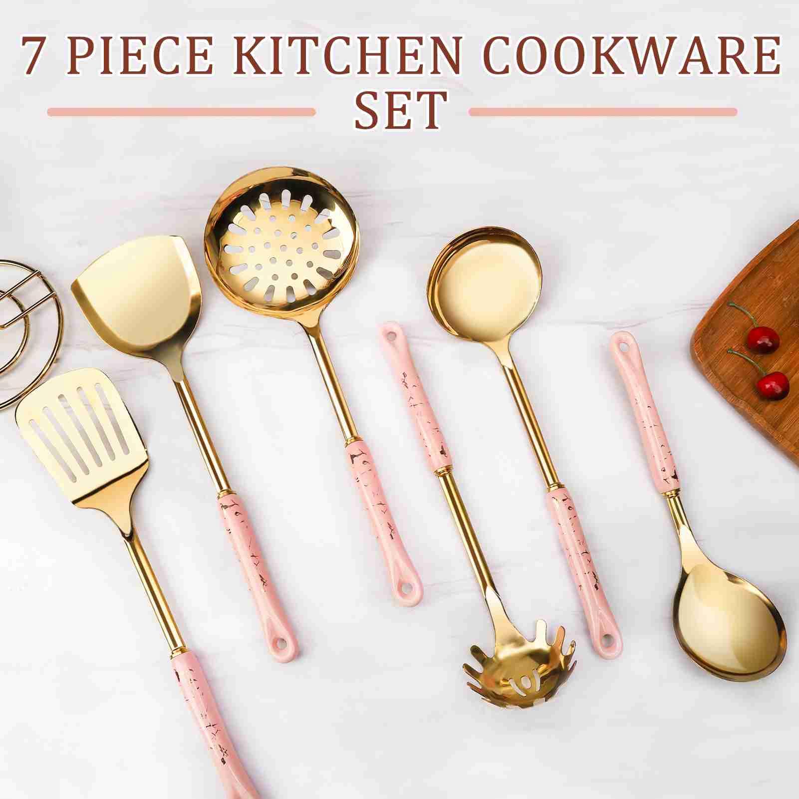 Luocute Set di Utensili da cocina da 7 Pezzi, Utensili da cocina in Acciaio Inossidabile con Manico in Ceramica con Design Lucidato a Specchio, per Uso Domestico Elegante Collisione di