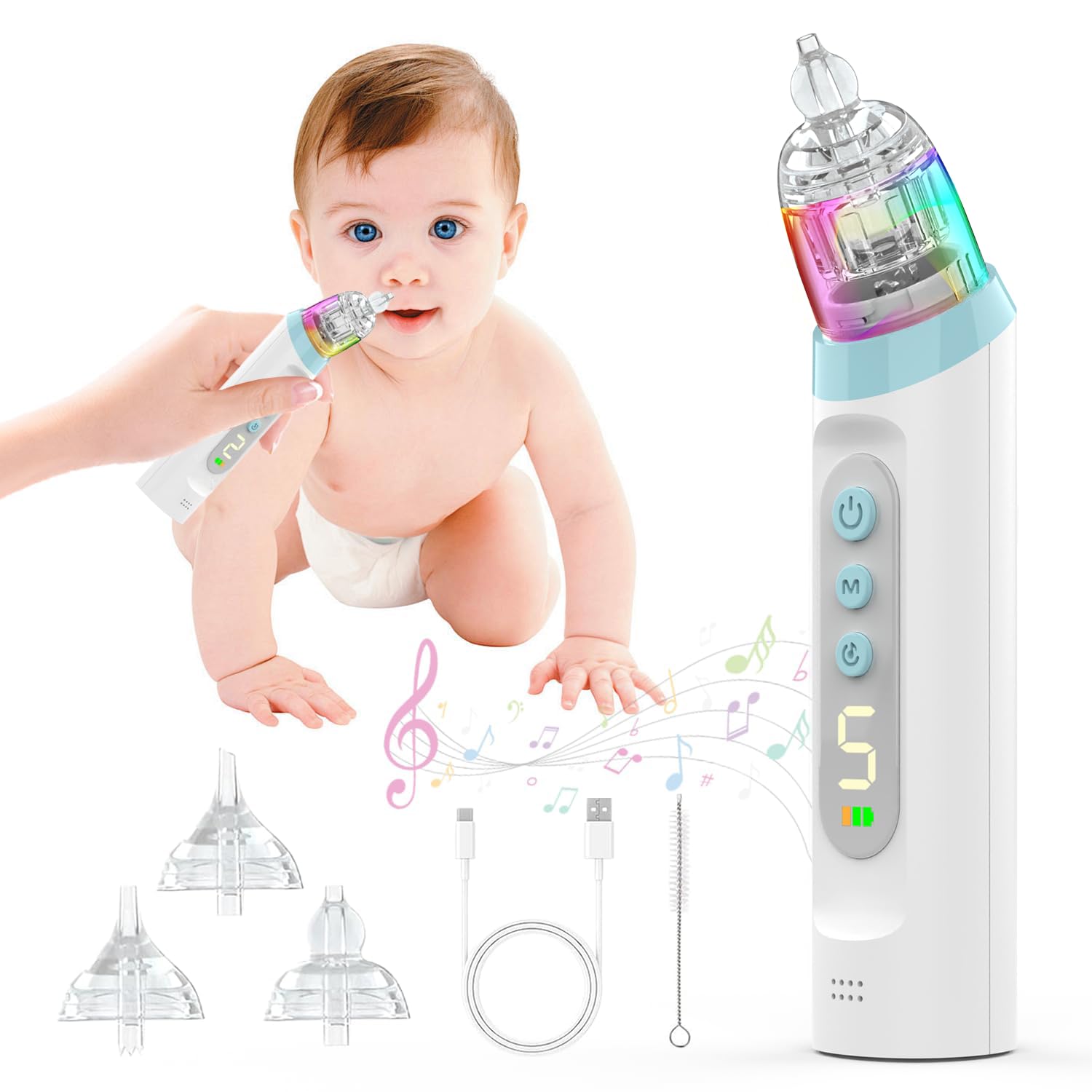 Nasal Aspirator Baby, 5 Adjustable Suction Levels, Baby Nose Suckers with Soothing Music and Light