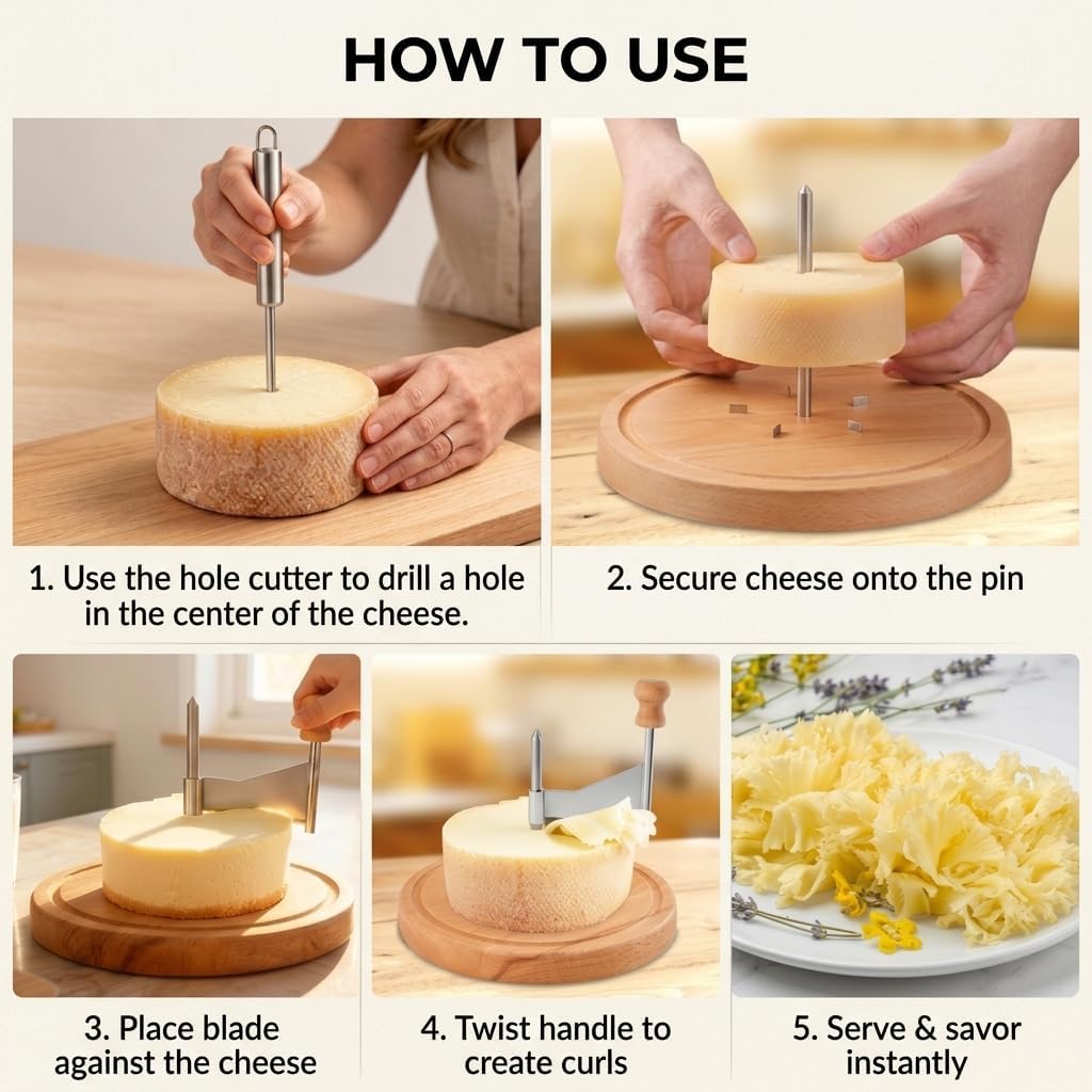 Stainless Steel Cheese Curler with Non-Slip Wooden Base, Rust-Proof & Easy to Use Cheese Shaver for Tete de Moine, Ideal for Home Cafes Restaurants and Dessert Shops