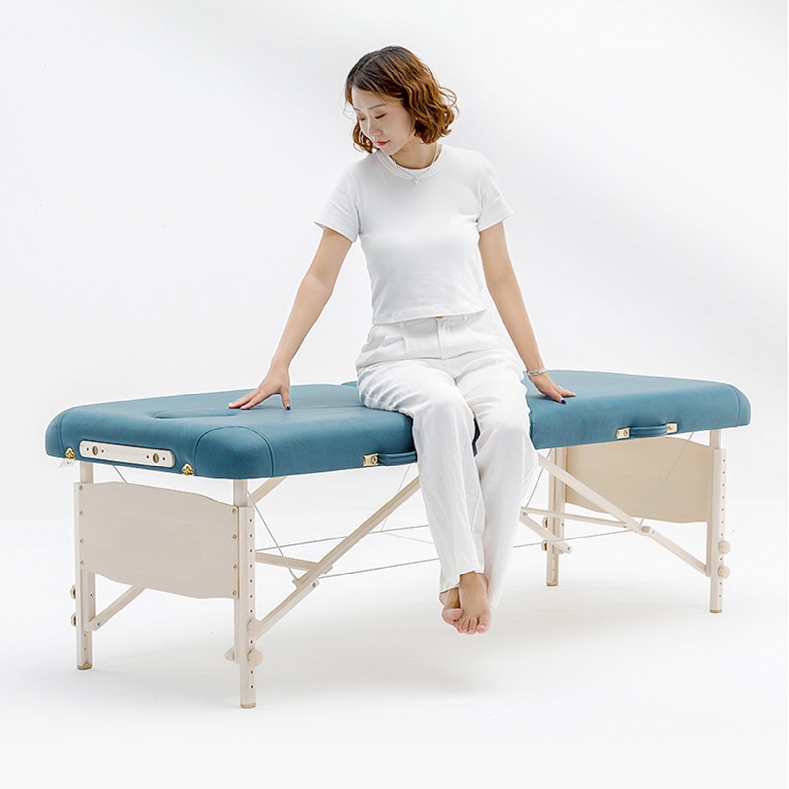Lettino Massaggio Portatile Estetista Panno Tecnologico Lettino Tattoo Pieghevole Regolabile in Altezza Lettino Massaggio con Poggiatesta, Sgabello, Copriletto(Blue)