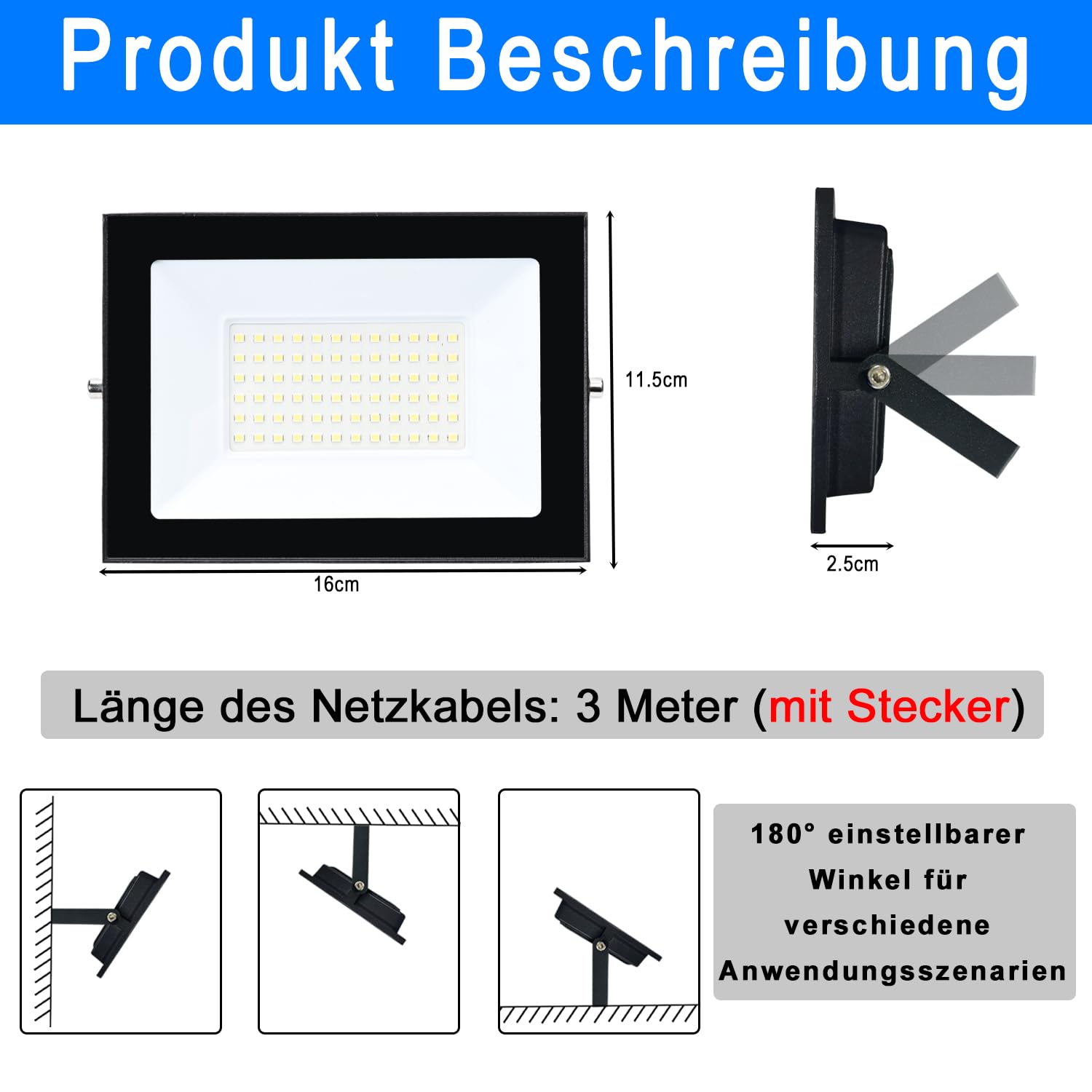 Projecteur LED d'extérieur 50W en Aluminium Super Lumineux Lumières avec prise et 3m câble Étanche IP66 d'inondation pour Jardin, Parking, Garage, Portes, Patio (Blanc Chaud 3000K, 2stk)