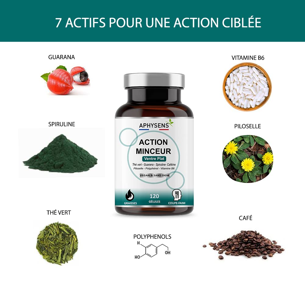 Bruleur de Graisse Puissant et Naturel – Guarana, Spiruline,Thé vert – Coupe Faim, Effet Minceur – Perte de Poids Rapide Homme et Femme – 120 Gélules – Fabriqué en France – Aphysens