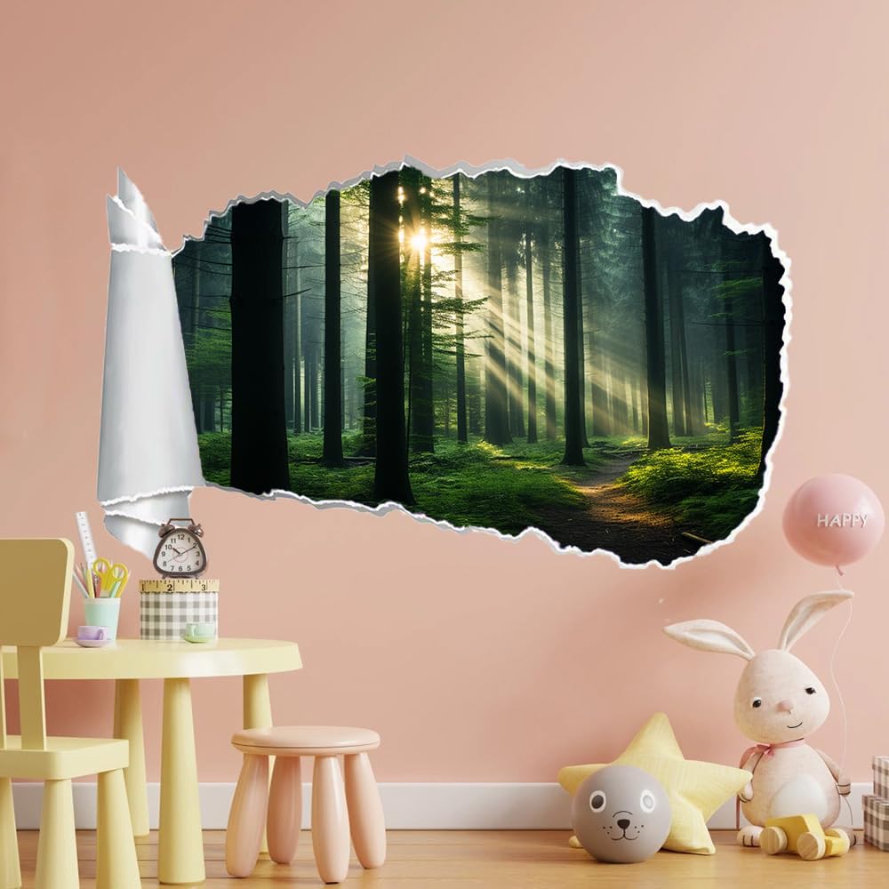 3D Durchbruch Wandtattoo Mädchen Kinderzimmer Waldbaum Sonnenschein Wandaufkleber Dekorative Naturlandschaft Wandsticker für Junge Teenager Zimmer Wohnzimmer Schlafzimmer Wandbilder Deko