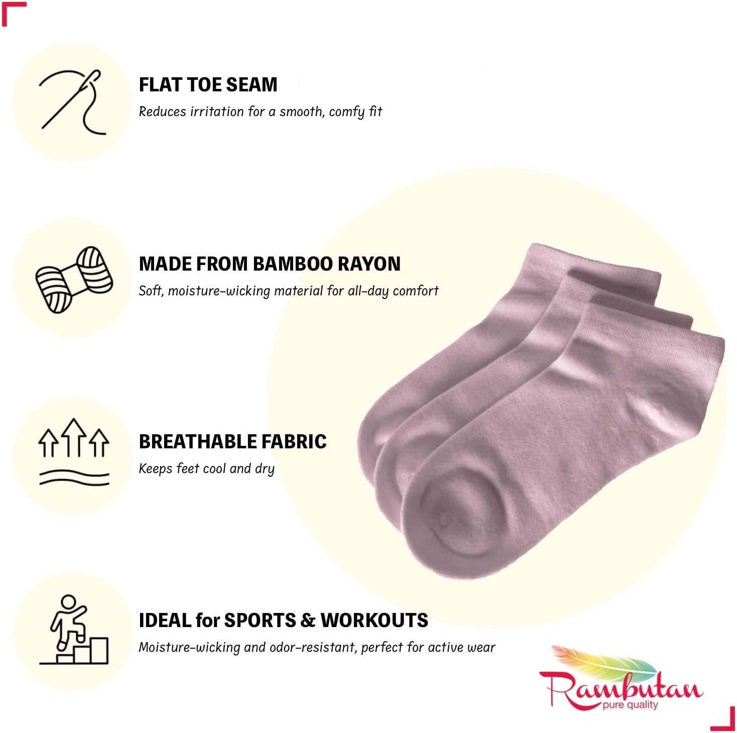 Rambutan Comfort Seam Bamboo Ankle Socks – Soft Socks for School & Daily Wear, Youth & Adult Sizes (3 Pack) - Image 3