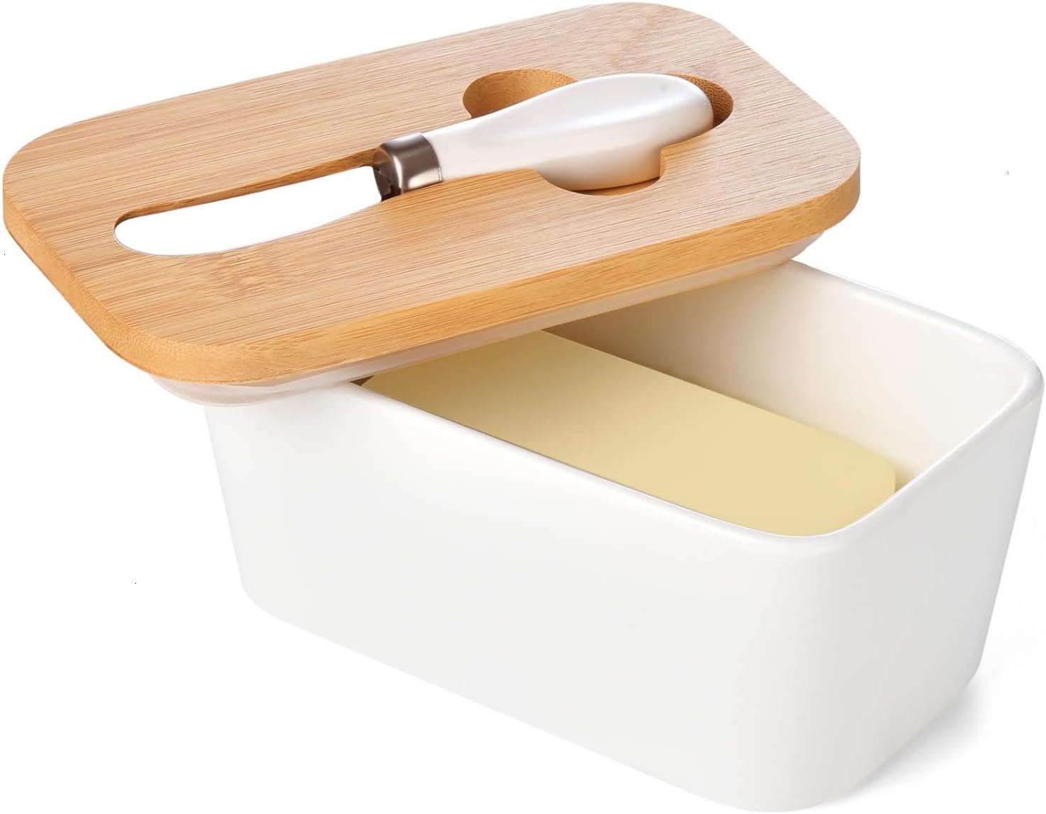WEFOO Large Butter Dish 22 oz (650ml), Airtight Butter Keeper Butter Container, Porcelain Butter Keeper Container with Bamboo Lid & Seal Ring