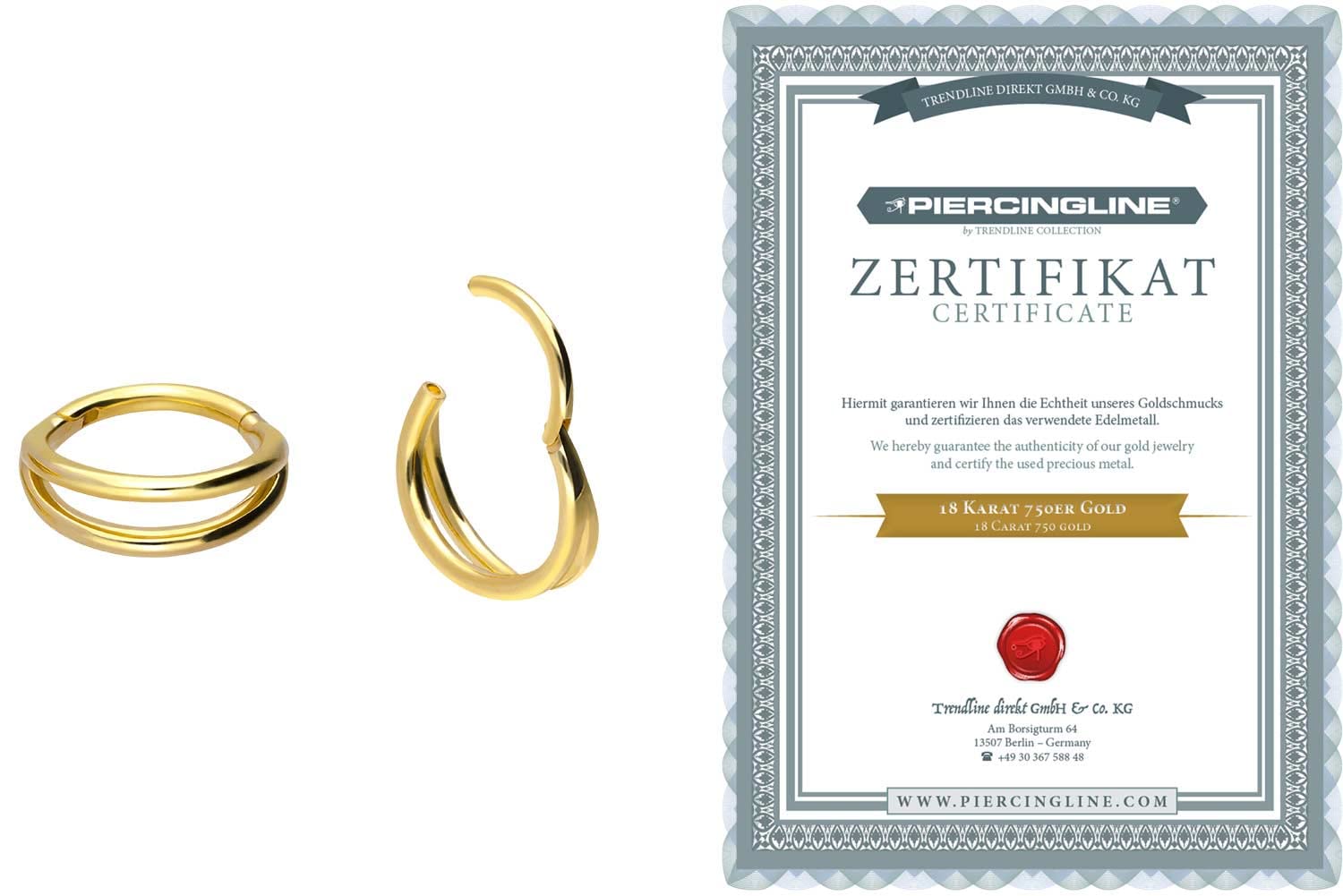PIERCINGLINE 750er Gold Segmentring Clicker | 18 KARAT | DOPPEL RING | Piercing Ring Nase Septum Ohr Helix | Farb & Größenauswahl