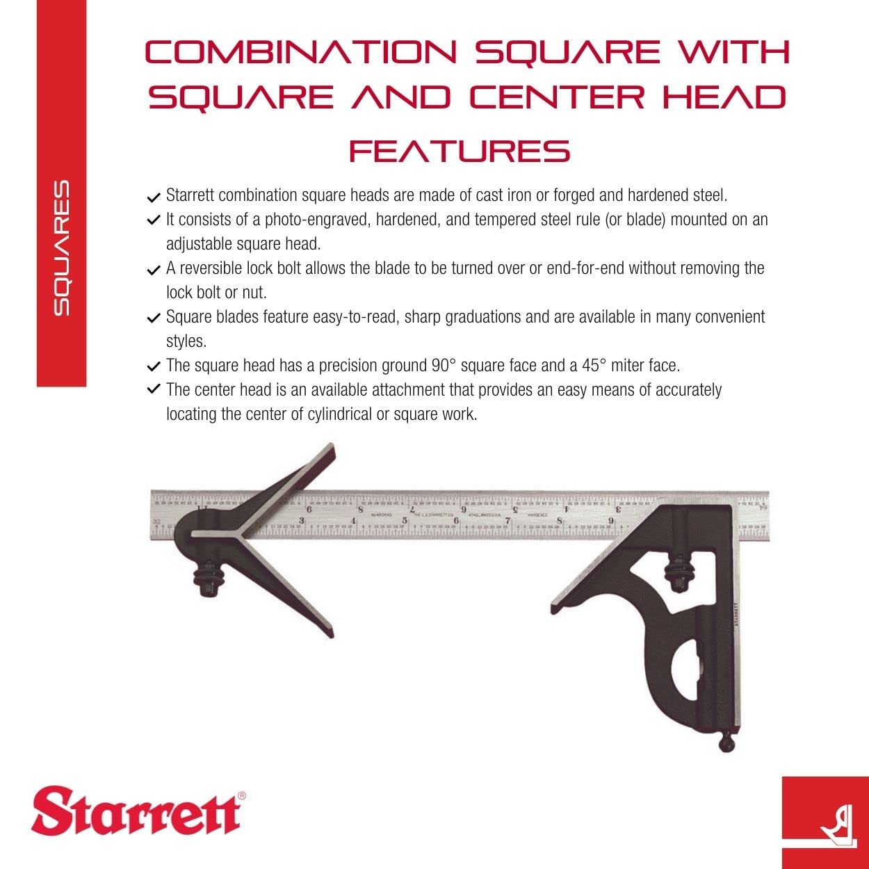 Starrett 11HC-12-4R - Squadra combinata, 30,5 cm, con testa in ghisa e finitura nera