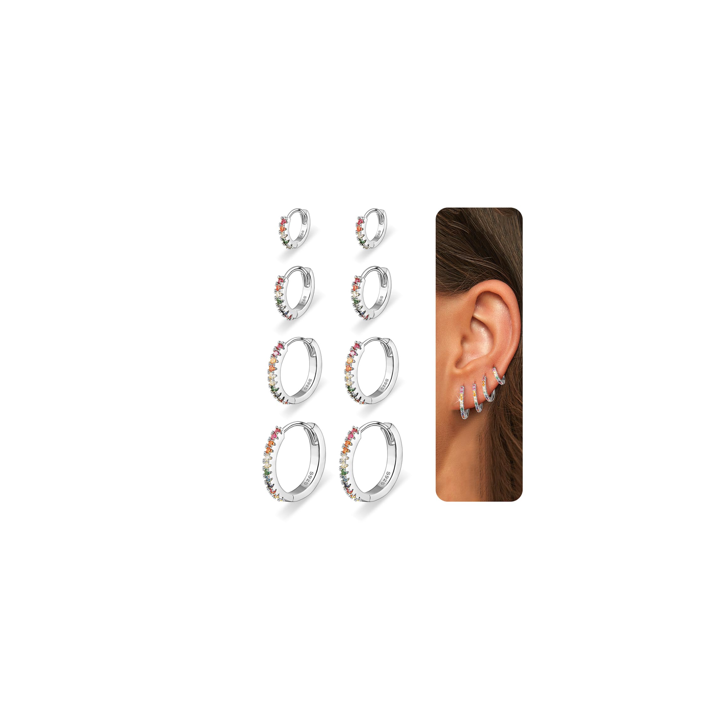 Nelytiya 4 Paar Ohrringe Silber 925 Creolen Silber 925 für Damen 18K Vergoldet Gold Creolen Set Klein Hypoallergen Cartilage Ohrringe mit Zirkonia 7/8/9/10mm