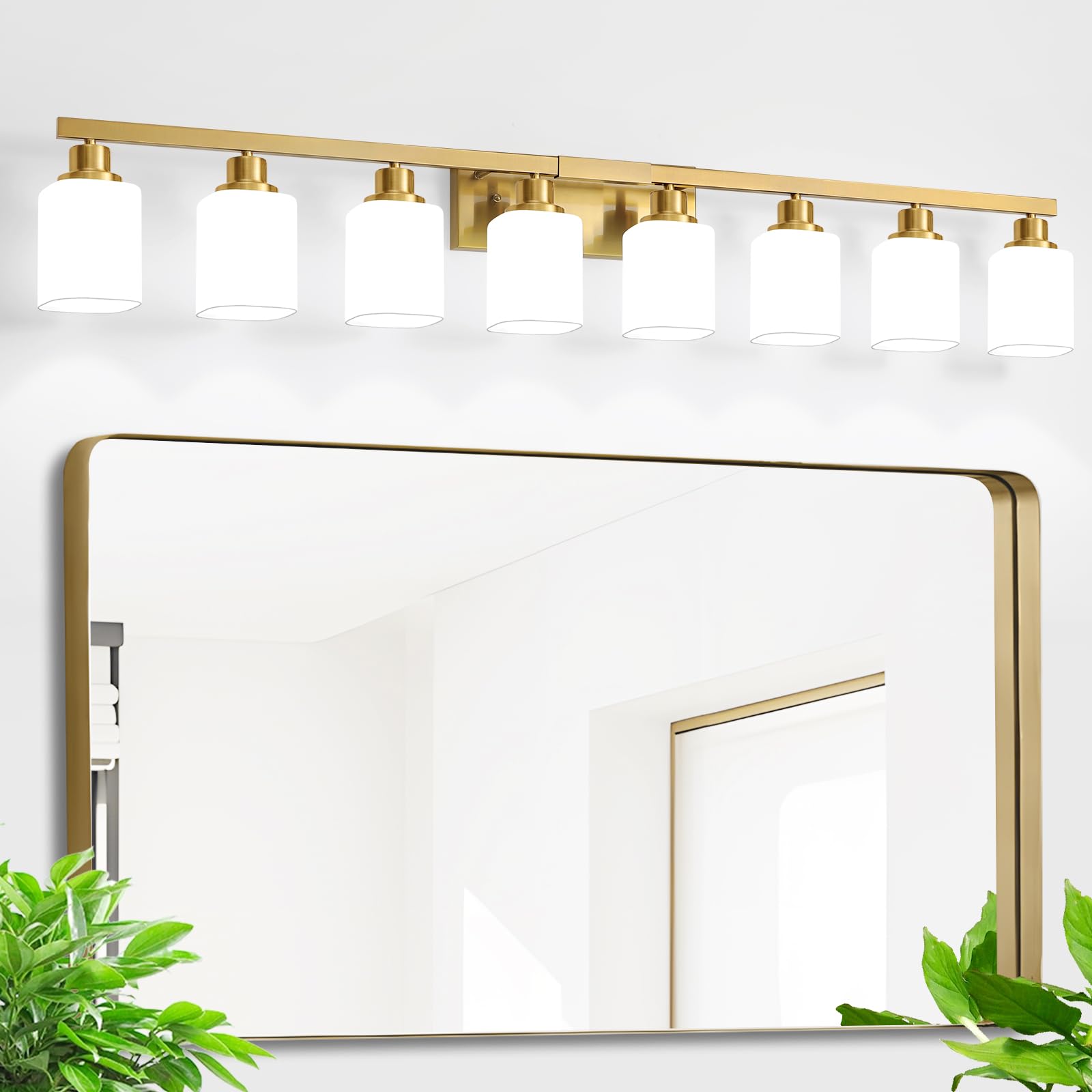 Bathroom Vanity Light,8-Light Brushed Gold Bathroom Light Fixtures with Square Frosted Glass, 51in Gold Wall Lamp Sconces for Mirror Bedroom,Living Room Hallway,E26