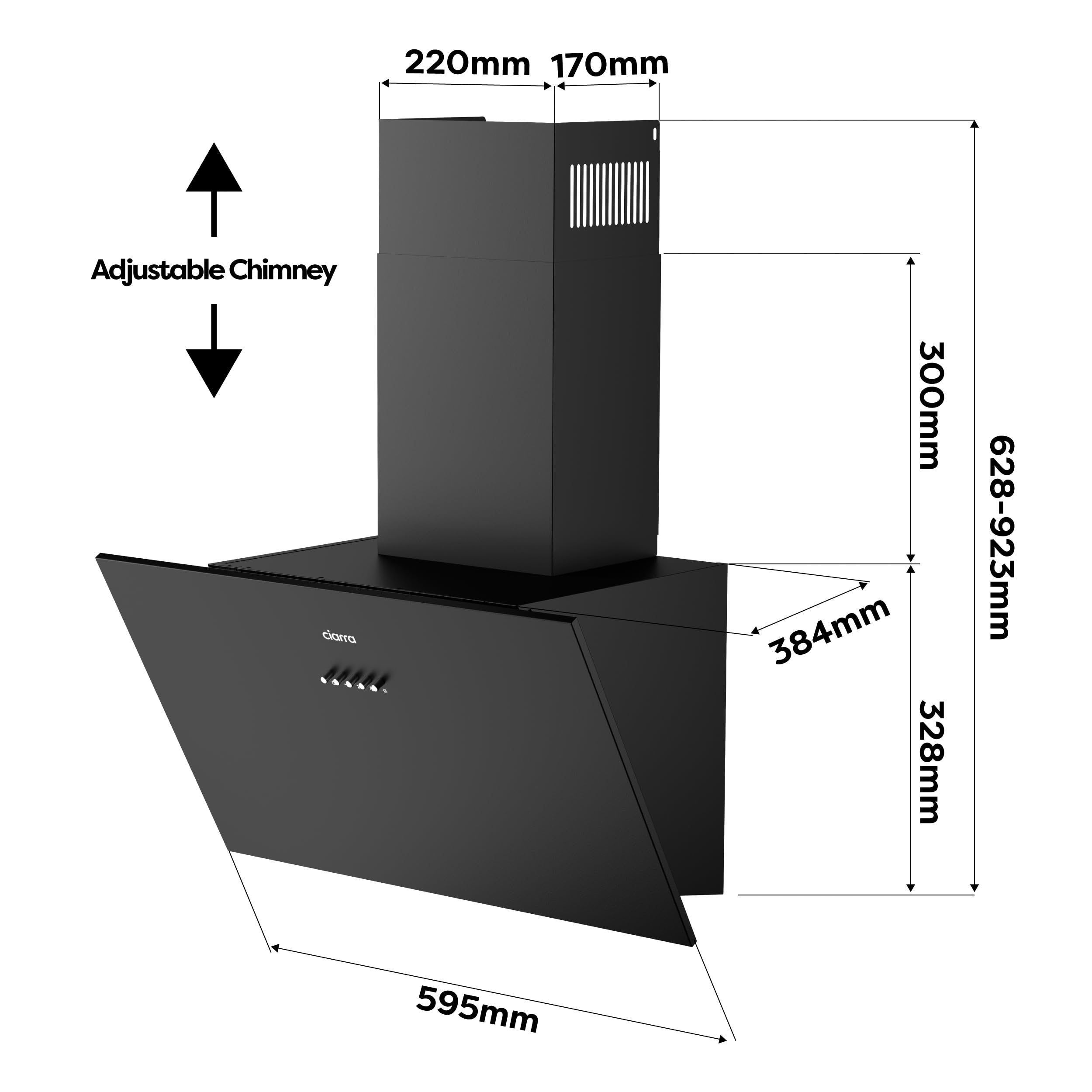CIARRA CBCB6762A Dunstabzugshaube 60 cm Umluft 650 m³/h Kopffrei mit Aktivkohlefilter 3 Leistungsstufen LED Schwarz