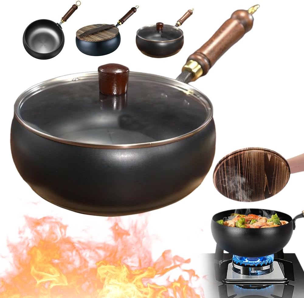 Suntuup Japanese Iron Pan, Uncoated Thick Iron Pot, Suitable for Pots On Electric Stoves, Induction Cookers And Gas Stoves (Medium-wood Lid)