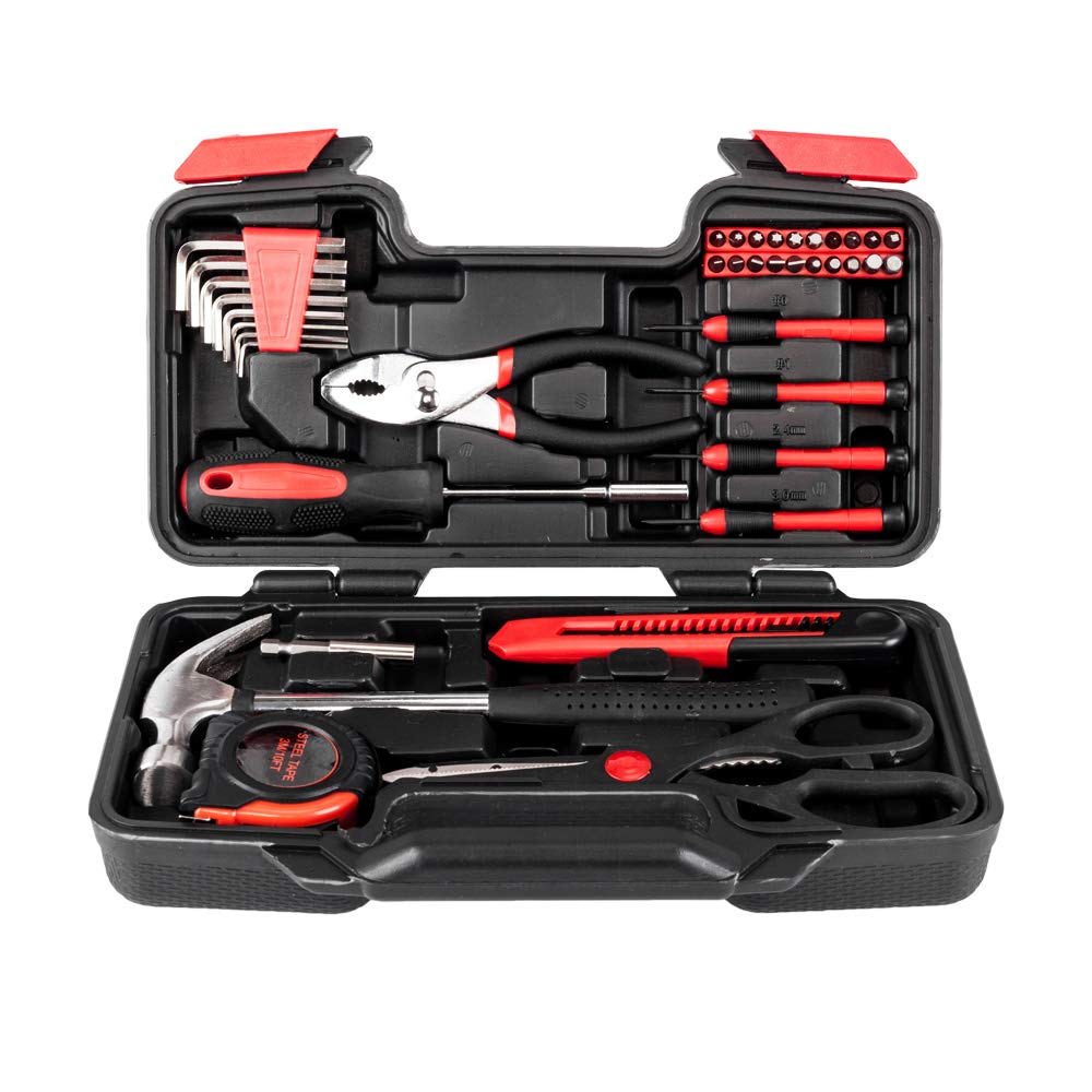 Set Di Utensili Manuali Da 39 Pezzi Kit Di Utensili Manuali Per Riparazioni Domestiche Generali Con Cassetta Degli Attrezzi In Plastica Custodia Per Chiavi A Bussola Cacciavite Coltello Rosso