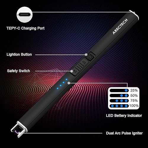 Miniatura 3 de ARECTECH Encendedor de velas eléctrico con cable tipo C, regalo de cumpleaños para hombres, mujeres, esposa, encendedores de arco de plasma Negro