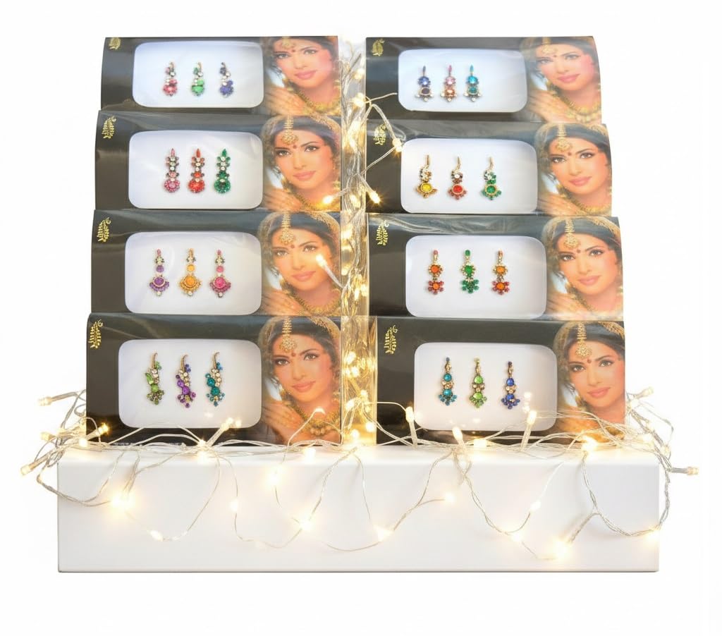 KULIA® Bindi in pietra e cristallo (8 confezioni) – Adesivi/tattoo a forma allungata – Accessori sposa stile Bollywood – Misto dimensioni e forme – Gioielli moda per il viso