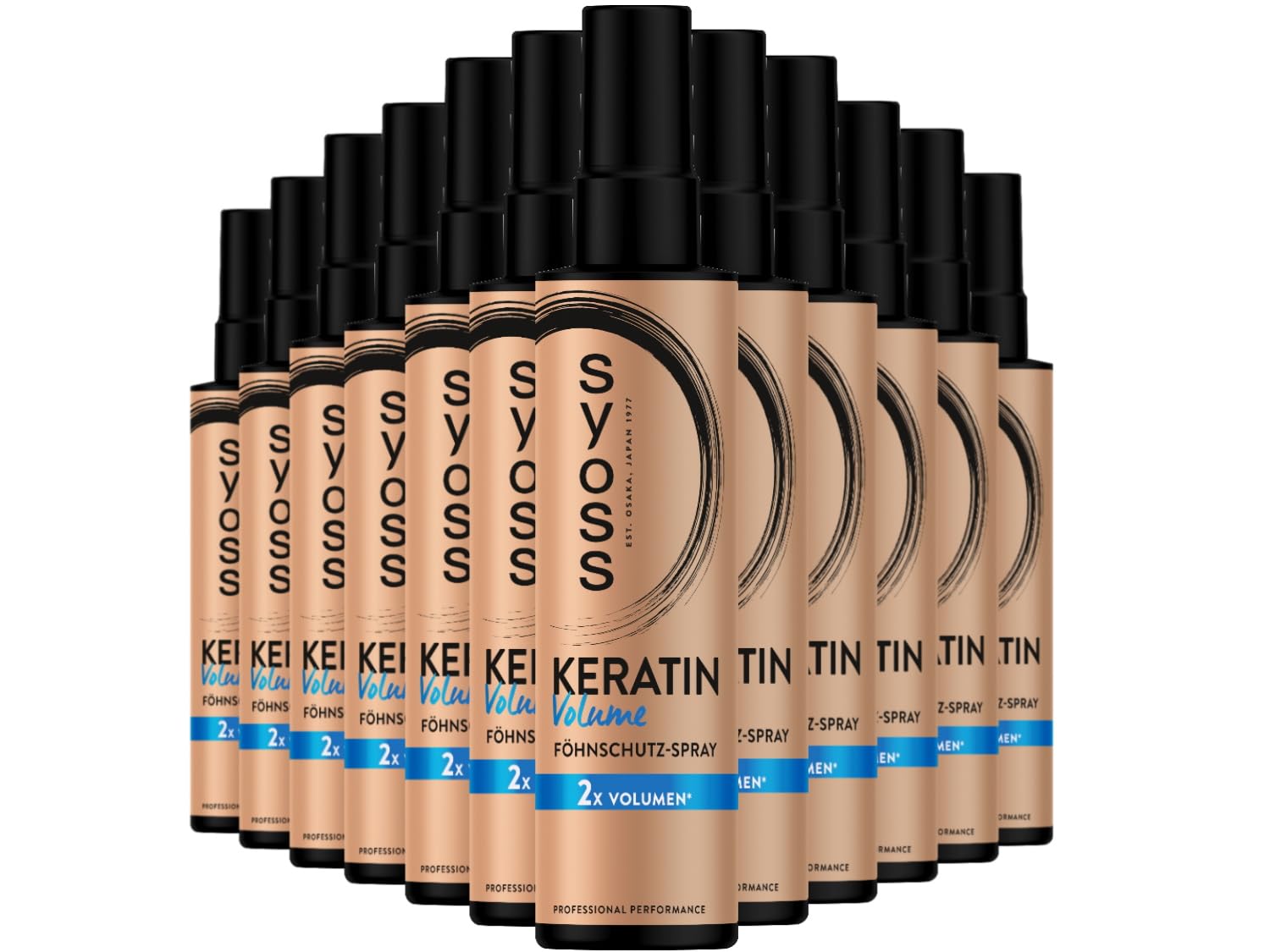 Syoss Keratin Volume Föhnschutz-Spray (12x 200 ml), Hitzeschutz bis zu 230 °C, Anti-Platt-Volumen-Effekt vom Ansatz an