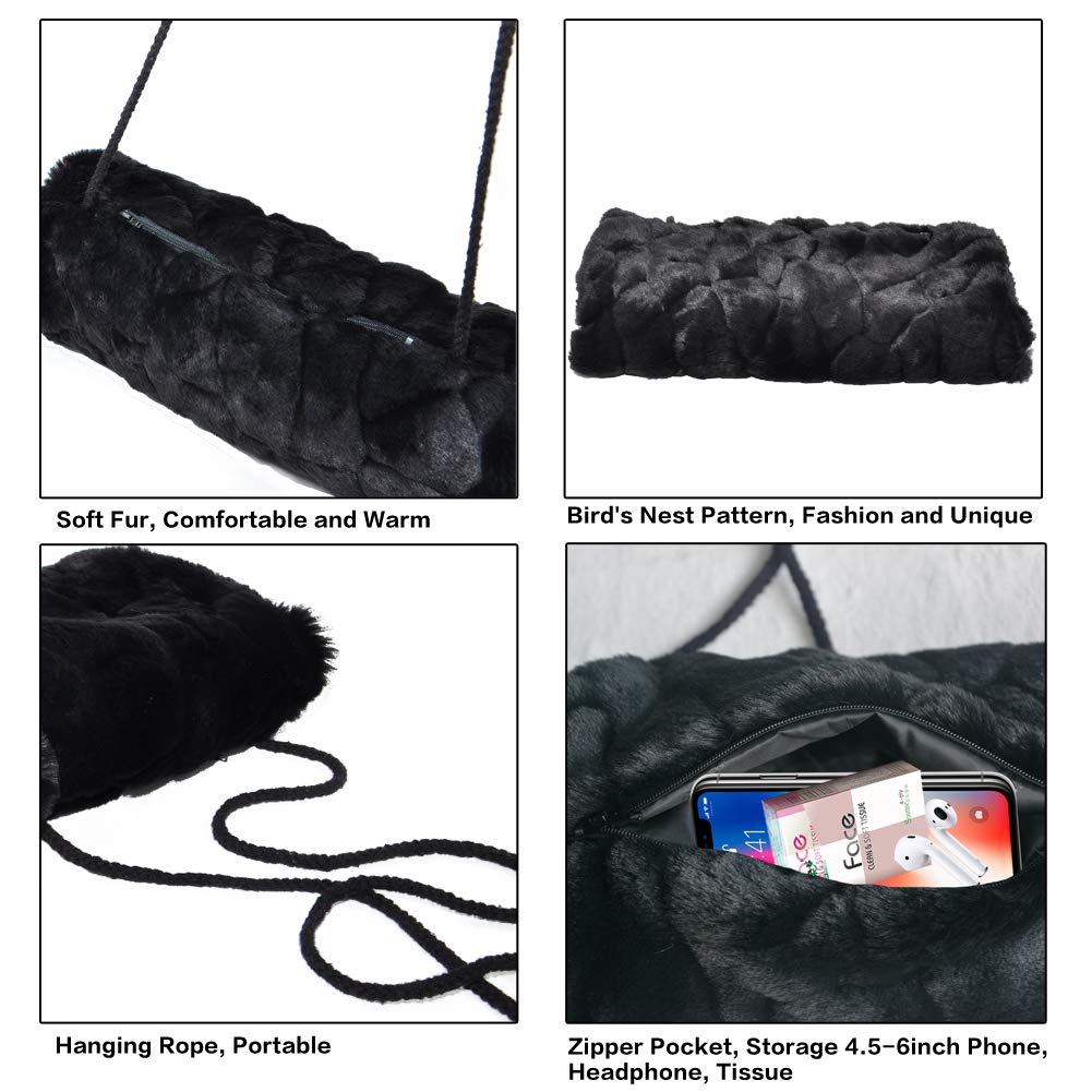 Manicotto Scaldamani, Pelliccia Sintetica Mano Muff of Strap Tasca Comodo Scaldamani Nero per Donna Uomo Bambini 1 pz, con Gancio Trasparente 1 pz