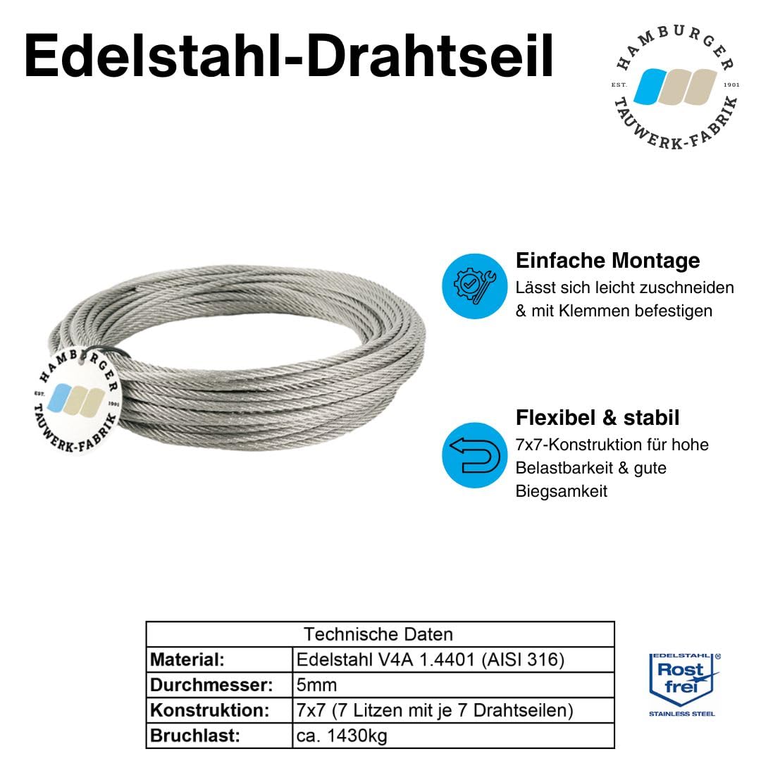 10 Meter - 5mm Edelstahldrahtseil 7x7 V4A Inox rostfrei Drahtseil Stahlseil Geländerseil