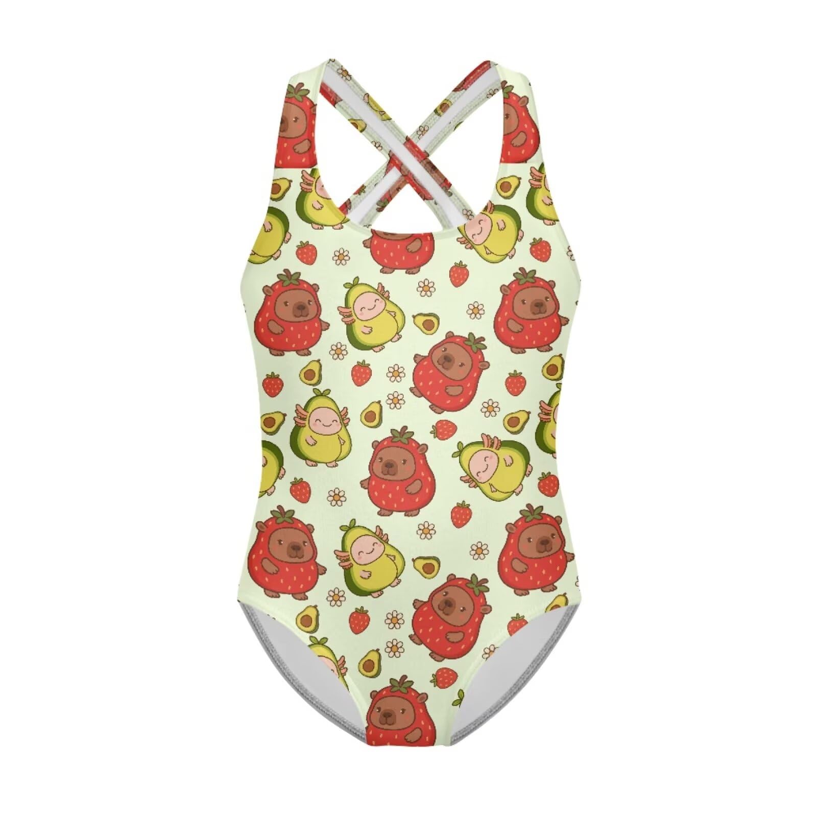 Girls One Piece Swimsuits Axolotl Cross Back Swimwear Beach Summer Quick Dry Beach Bathing Suit