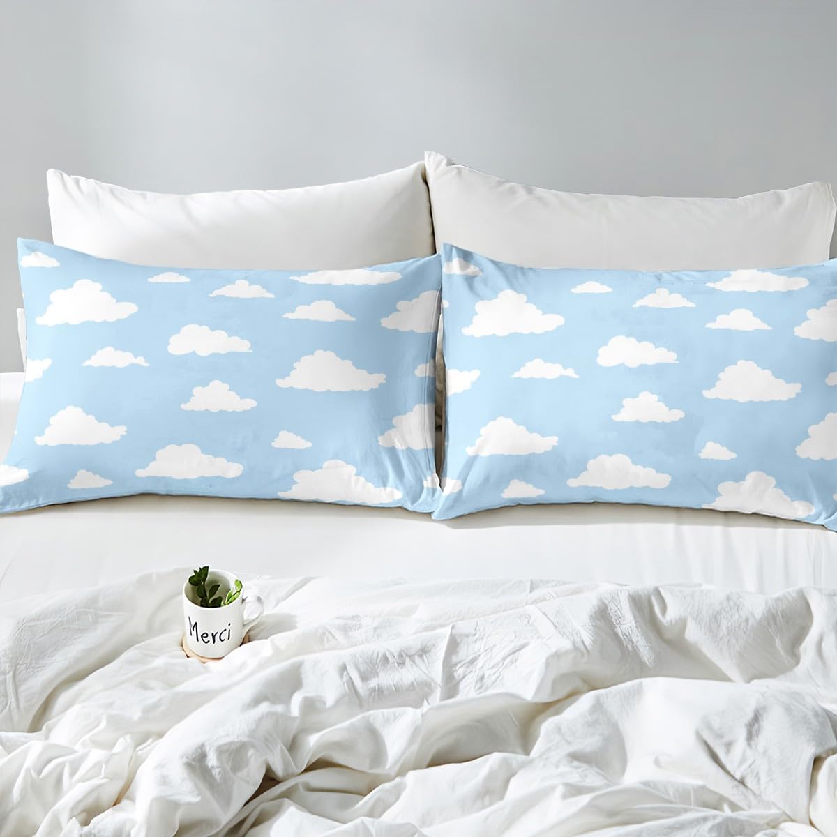 White Clouds Duvet Cover,Cartoon Clouds Blue Sky Decor Bedding Sets for Kids Teens Adults,Simple Style Graffiti Decorative Quilt Cover with 2 Pillowcases(No Comforter) Full Size 3 Pcs