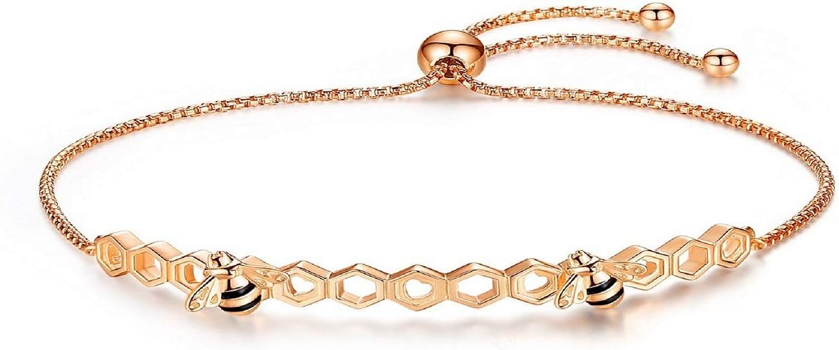 Presentski Bee Honeycomb Bracelet 925 Sterling Silver, Rose Gold Plated Adjustable Jewelry for Women