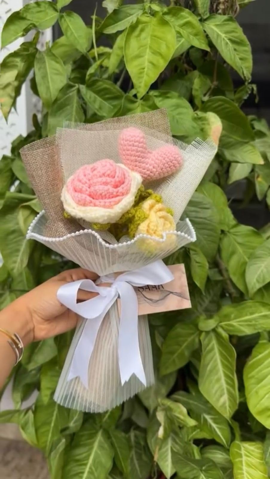 SAAR Handmade Crochet Bouquet, Pink Rose and Heart, Pearl Packaging, Double Layered, Gift-image-13