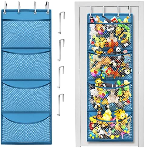 Over the Door Stuffed Animal Storage Organizer with 4 Large Mesh Pockets for Plush Toys