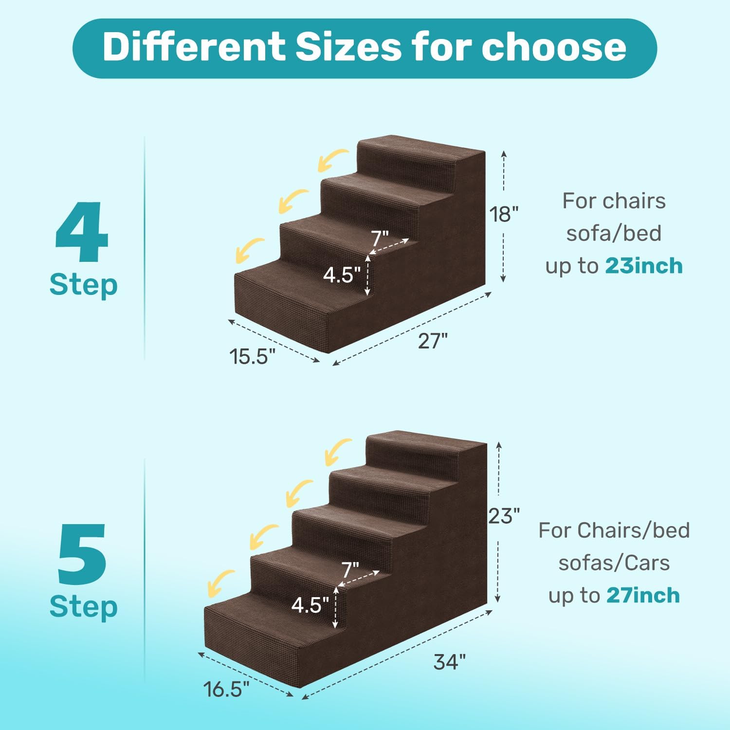 dog stairs for bed, extra wide 4-step dog steps for high bed, high-density foam pet stairs with non-slip removable washable cover for small pets, 18" h, brown brown 4 steps