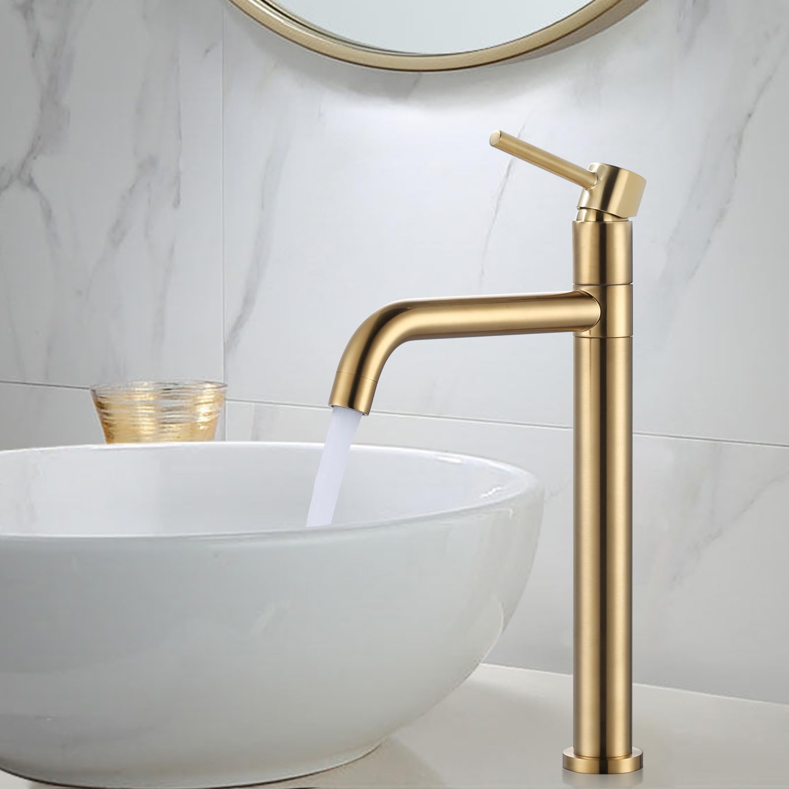 ARCORA Rubinetto Lavabo Alto, Miscelatore Monocomando Alto, Girevole 360°, Cartuccia Ceramica, Ottone Massiccio Acciaio Inox, Regolazione Fluida della Temperatura, per Lavabo da Bagno, Dorato