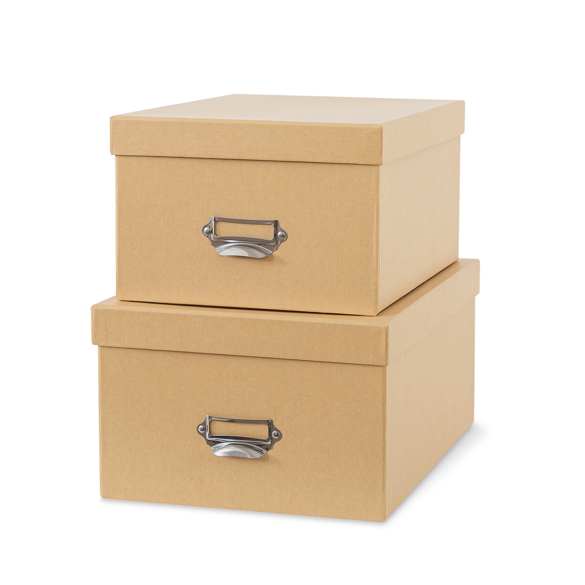 Soul & Lane Kraft Decorative Cardboard Storage Boxes with Lids, Set of 2 Stacking Keepsake Photo and Memory Boxes for Home & Office, Elegant Paperboard Organizers with Label Holders and Drawer Pulls