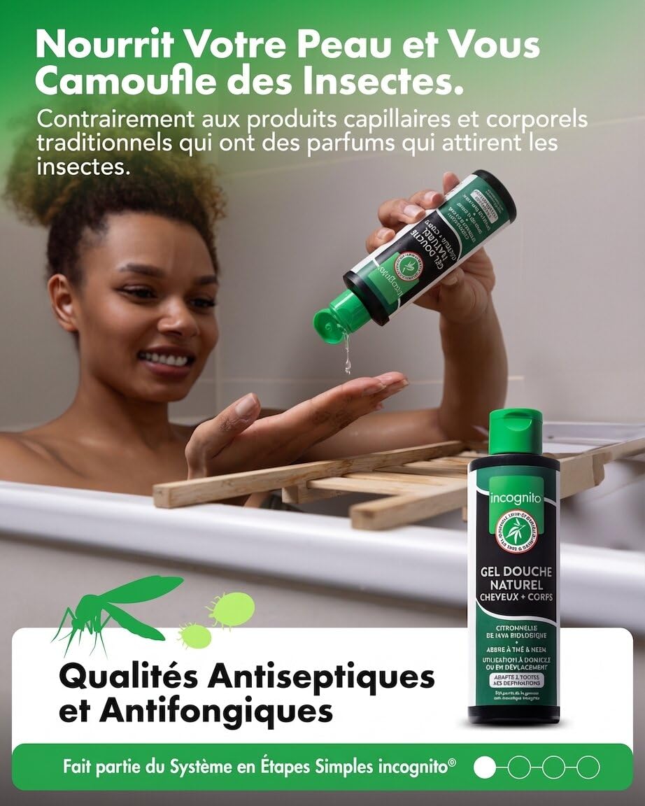 Incognito Gel Douche & Shampoing Java Citronella 200 ml – 2 en 1 Naturel – Aide à Repousser Moustiques et Insectes – Favorise des Cheveux Forts et une Peau Saine – Convient aux Femmes et aux Hommes