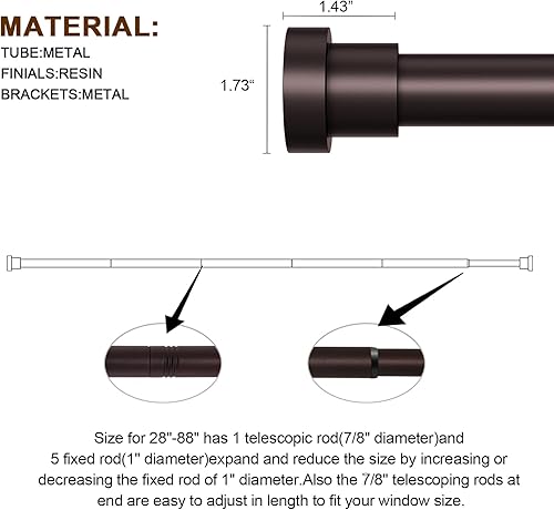 Miniatura 4 de Briofox Barras de cortina de bronce para ventanas de 48 a 84 pulgadas, barra de cortina ajustable resistente de 1 pulgada con remates decorativos