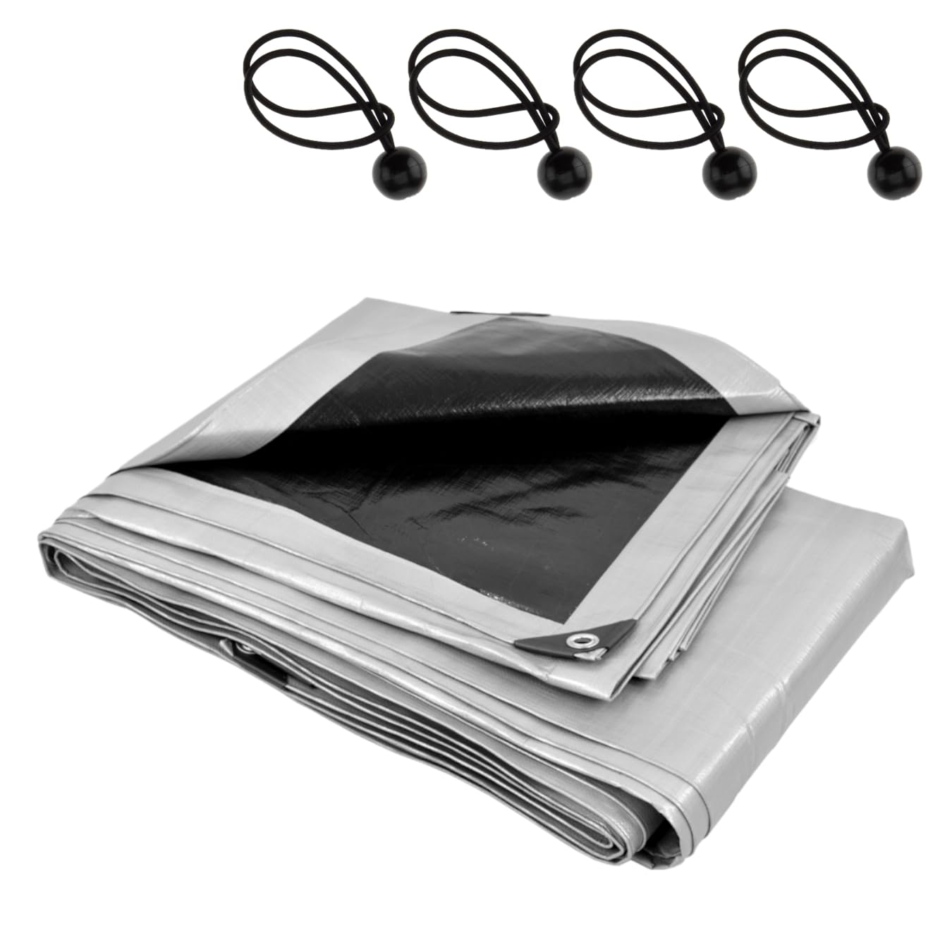 Heavy-Duty Waterproof Silver Tarpaulin 8 x 12 m - 260 GSM PE Tarp with 4 Ball Bungees - UV Resistant, Mould-Proof, Tear-Resistant Cover for Roofing, Camping, Garden, Construction - Reinforced Edges