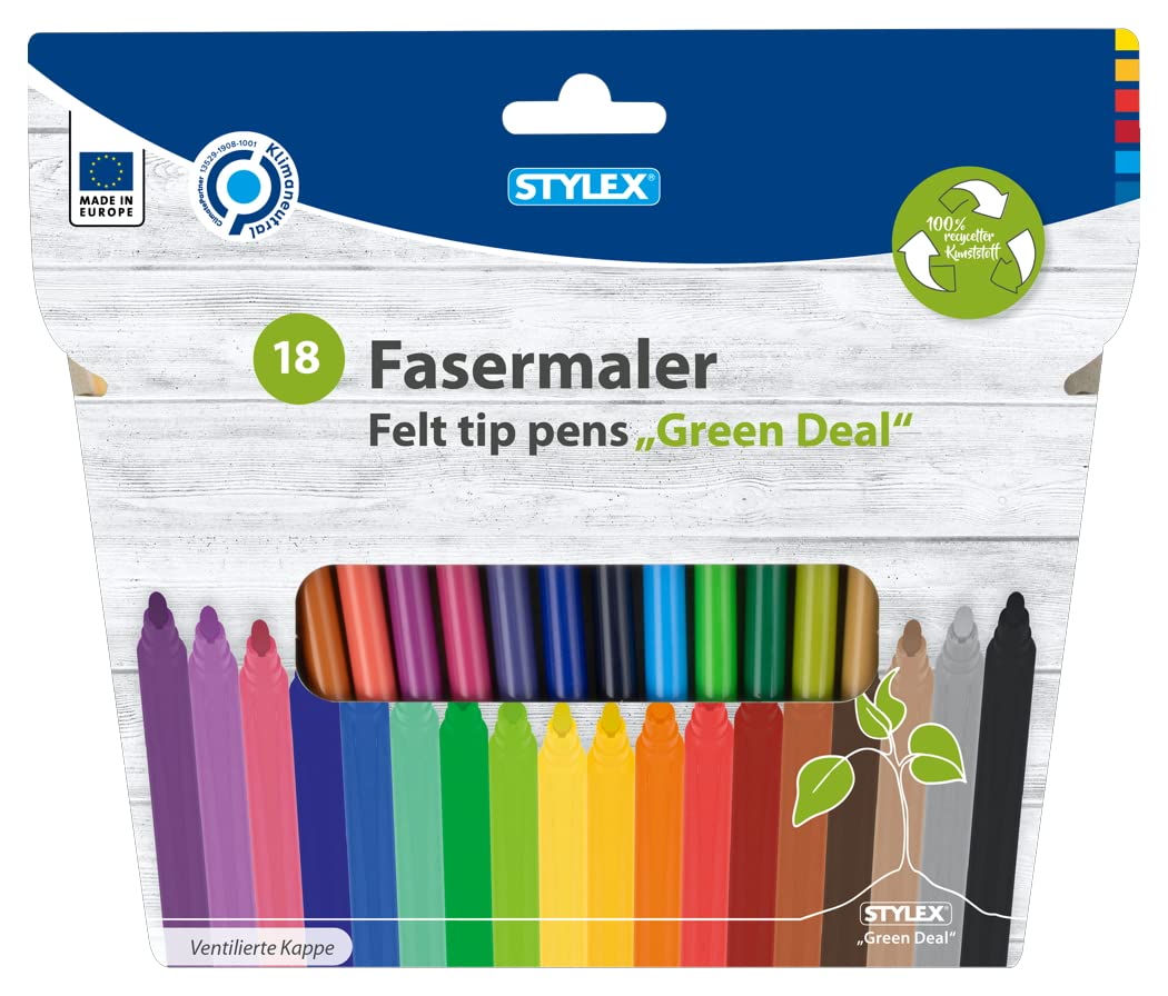 Stylex 64185 - Fasermalstifte aus recyceltem Kunststoff, 2 mm Spitze, mit ventilierter Kappe, 18 Stück