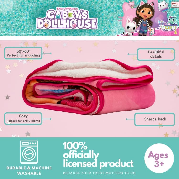 Miniatura 3 de Franco DreamWorks Gabby's Dollhouse - Manta de sherpa de felpa suave para niños, 50 x 60 pulgadas, (producto oficial)