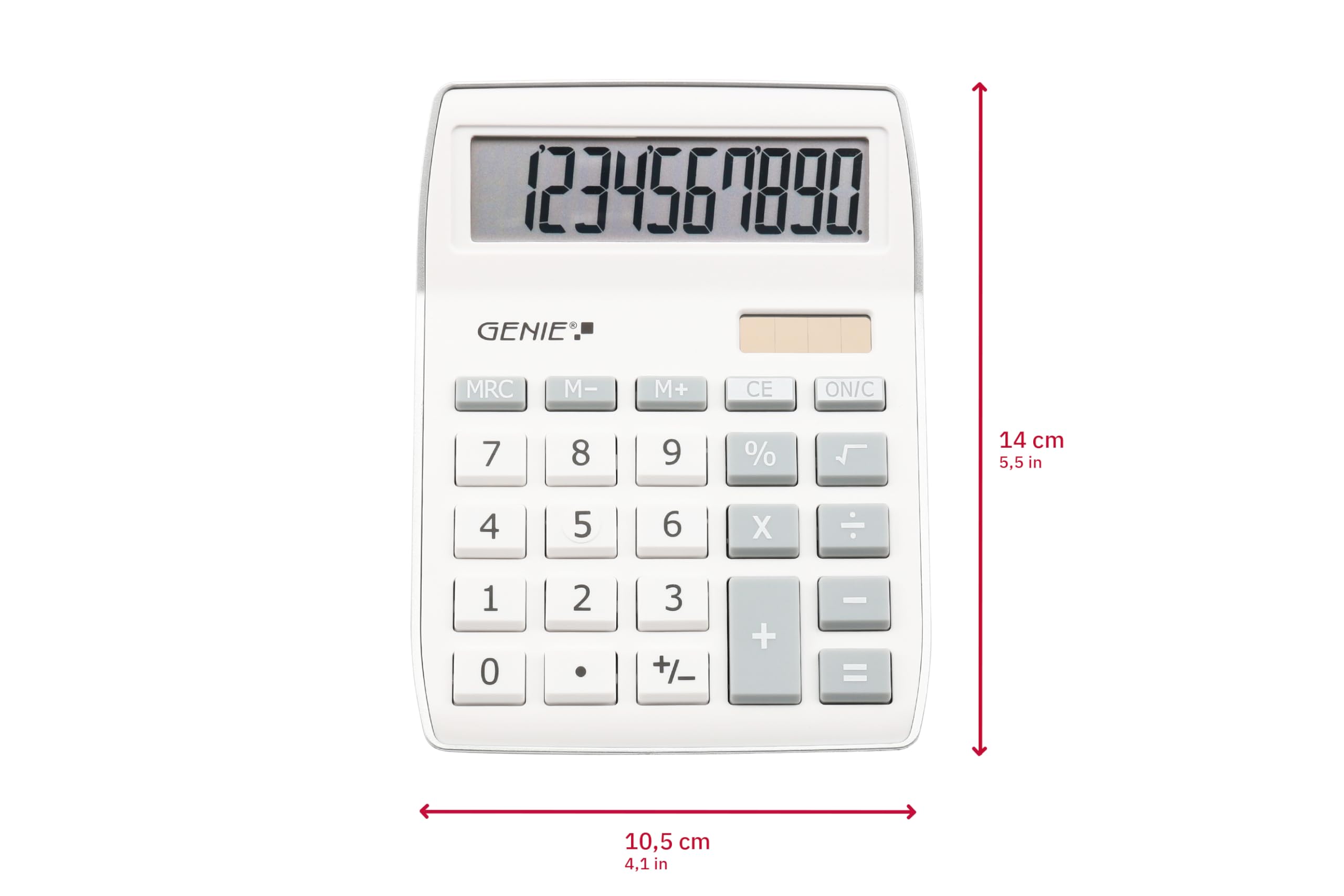 Genie 840 S - Calculadora de con pantalla inclinada de 10 dígitos (panel solar y batería), color plateado