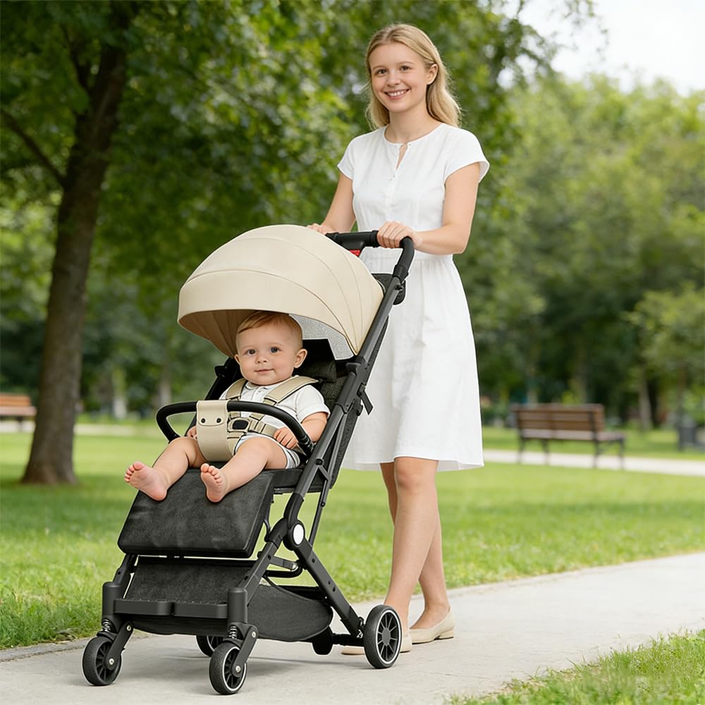 OHMG Cochecito 3 en 1,0 más meses-22 kg, cochecito de bebé ligero y compacto, cómodo, plegable con una sola mano, capucha extensible con protección contra la lluvia UV50+, reposamanos (Kaki-63 x 30 x