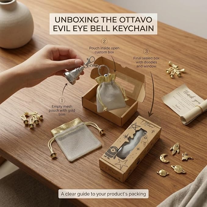 Image of OTTAVO Evil Eye Bell Keychain, Metal Nazar Battu, Good Luck Charm for Car & Bike Keys, Protective Guardian Bell, Bag Accessory