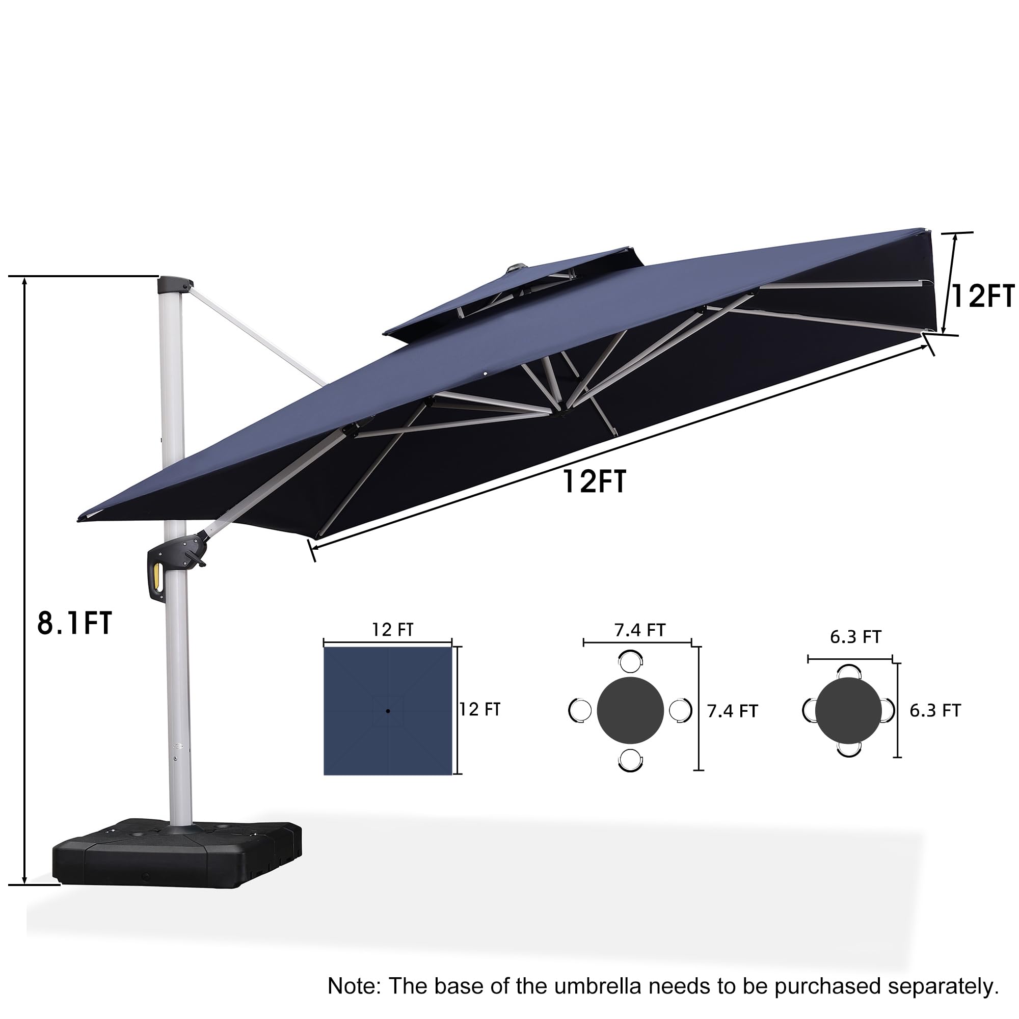 PURPLE LEAF 12 Feet Double Top Deluxe Square Patio Umbrella Offset