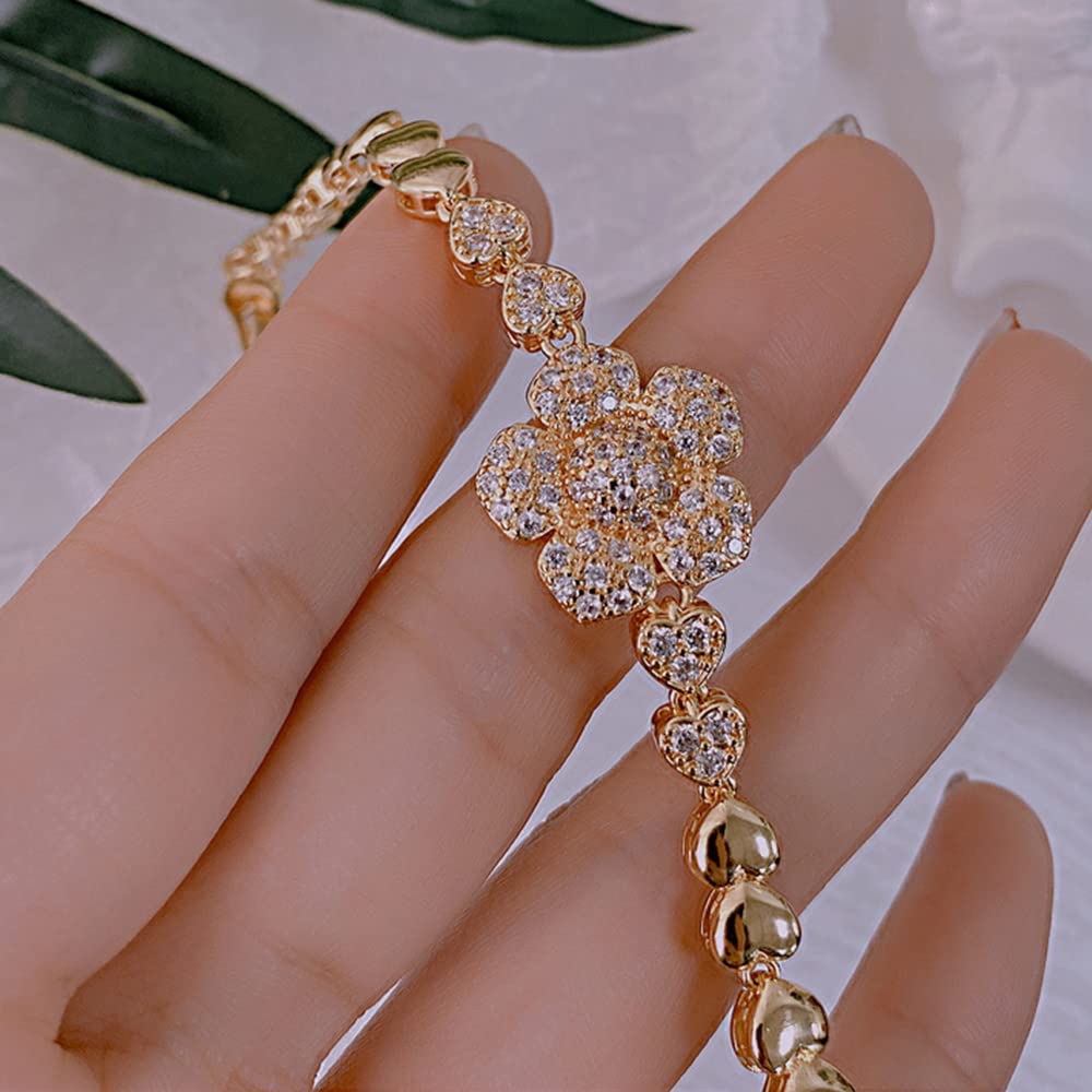 Pulsera Cadena Amor Moda Para Mujer, Pulsera Circón Incrustaciones Flores Costura Corazón Melocotón Gótico, Regalo Cumpleaños Aniversario Prometido