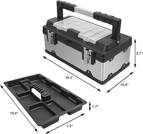 Miniatura 2 de Torin Caja de herramientas de 19 pulgadas, organizador de almacenamiento de acero inoxidable y plástico, caja de herramientas portátil con mango