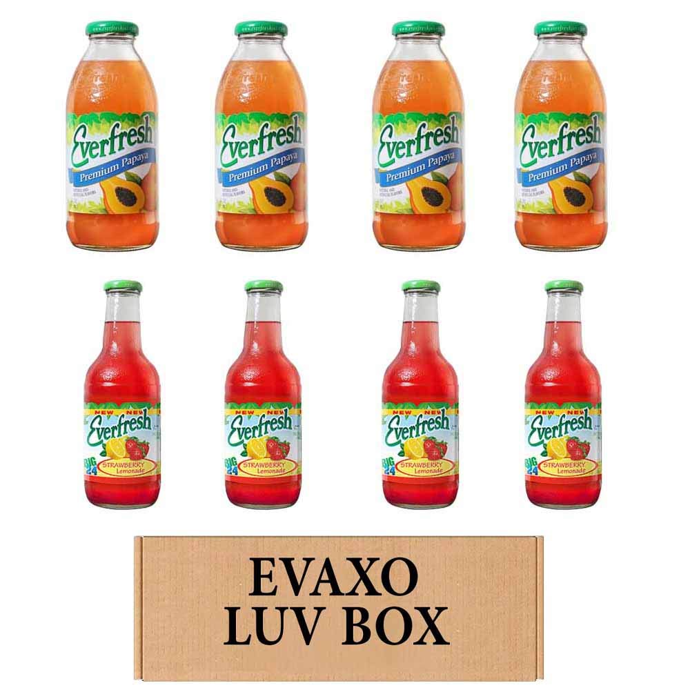 LUV BOX- variety Everfresh Juice 24 oz. pack of 8 , Everfresh Premium Papaya , Everfresh Strawberry Lemonade .by evaxo