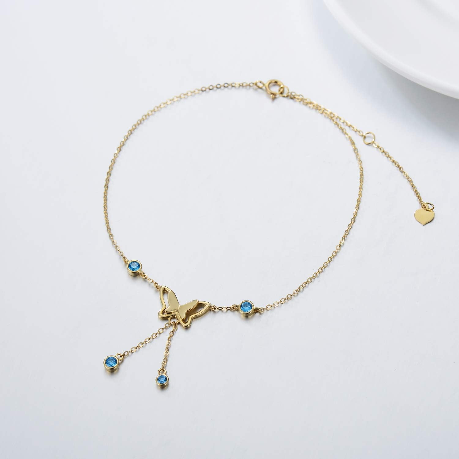 SISGEM 14K Real Gold Butterfly Anklet for Women,Yellow Gold Double Butterfly Anklets with Sea Blue Zircon,Tassel Foot Link Beach Anklets,Anniversary Birthday Jewelry Gifts for Wife Girlfriend 8"+2"