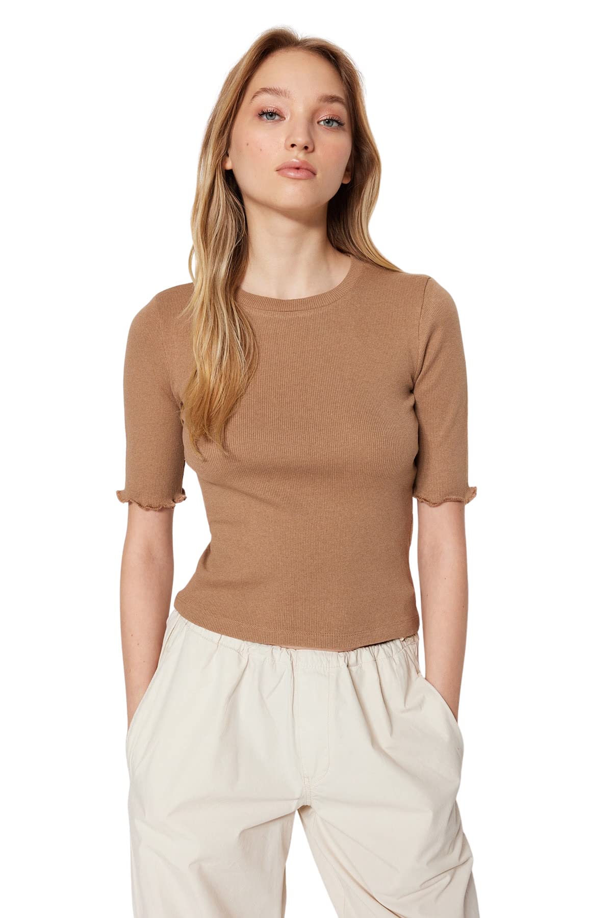 Trendyol Women Fitted Basic Crew Neck Knit Blouse,Mink Color,M