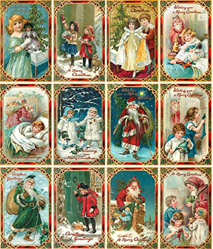 Image of PIXILUV CHRISTMAS SCENES (Pack of 12) Notecards Small Greeting Cards # Beautiful Christmas Scenes Framed in Red Borders ~ Vintage Christmas Postcards Reprint