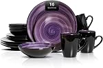 16 Piece Dinnerware Set, Black + Grey Spot Spin Wash, 4 Person Plates and Bowls Sets Ceramic, Microwave and Dishwasher Safe Stoneware