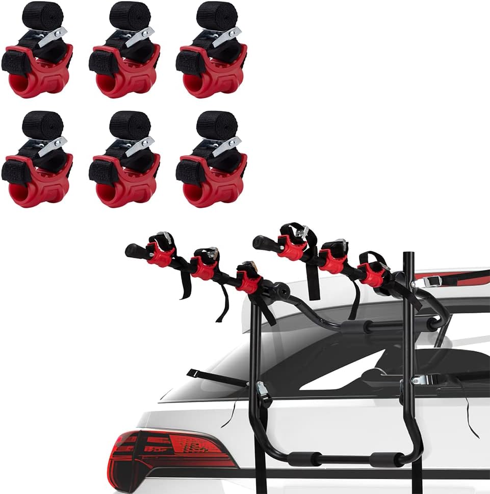 XhuangTech 6pcs/Set Car Bicycle Stand SUV Vehicle Trunk Mount Bike Rack Hitch Stand Storage Carrier Spare Hooks Anti-Degradation Polyester Straps with Alloy Buckles Red&Black