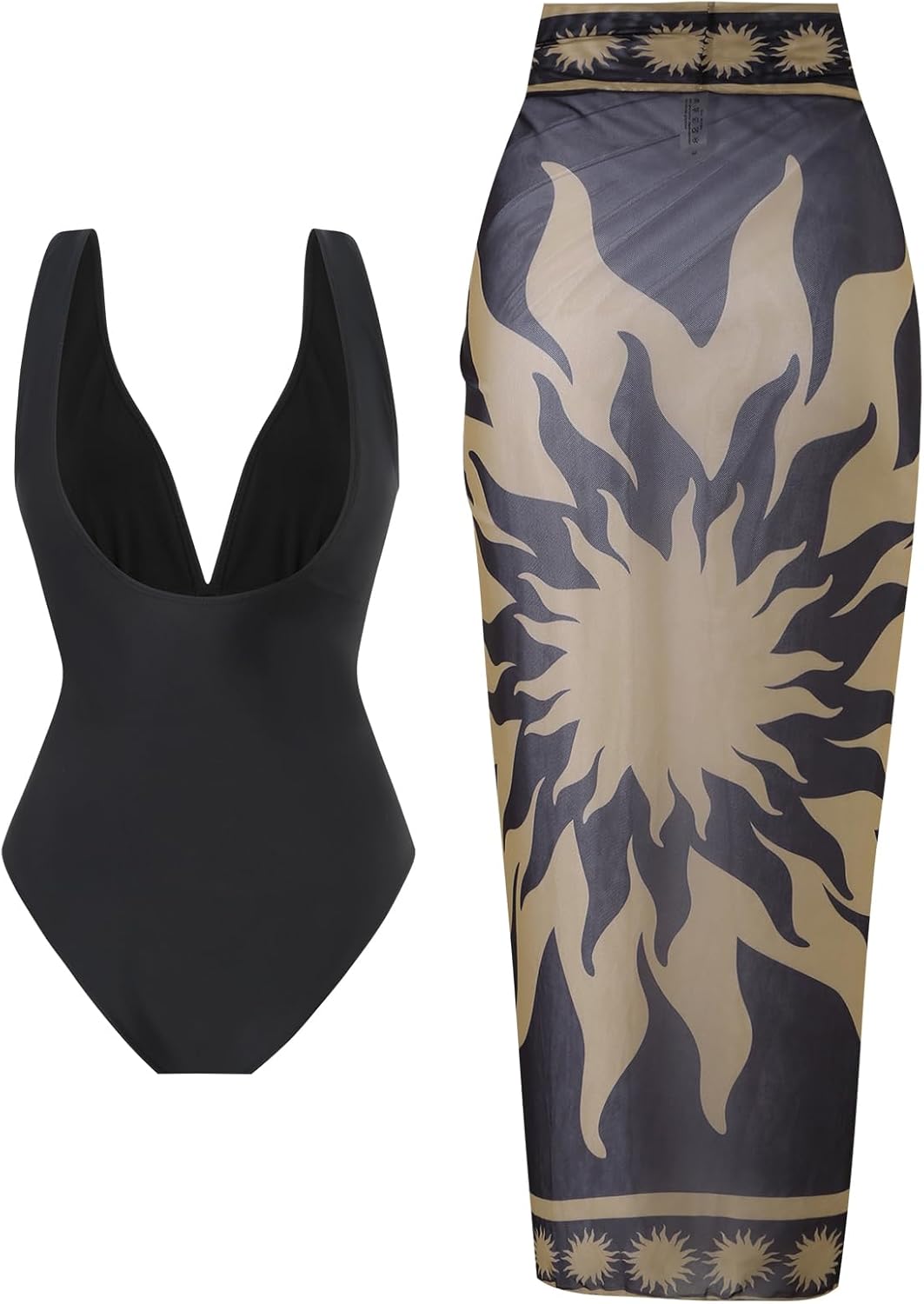 SherryDC One Piece Swimsuit with Cover up Wrap Skirt Sarong Floral Print Plunge V Neck Bathing Suit for Women - Image 4