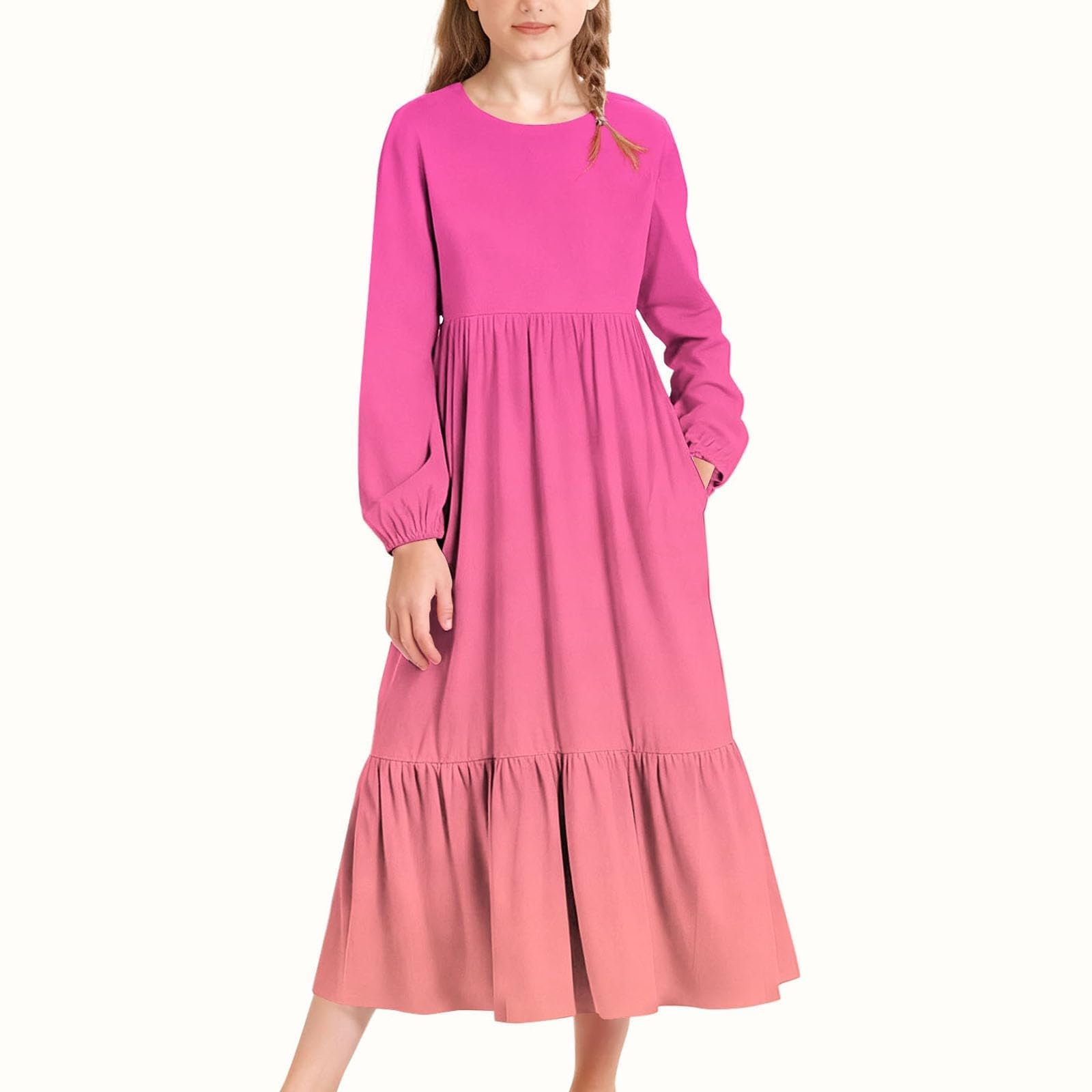 Vestido de manga larga para niñas, casual, playa, vacaciones, vestido largo, para primavera, verano, cuello redondo, bohemio, acampanado, con bolsillos