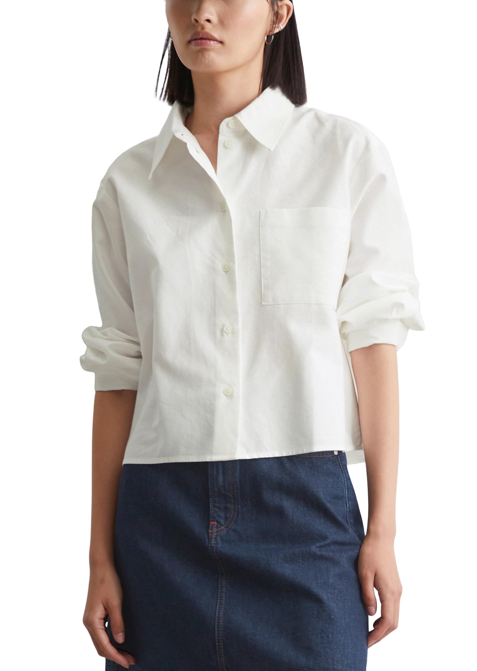 Marc OߴPolo Denim Women's Organic Cotton Cropped Oxford Blouse, White (Silky White), L