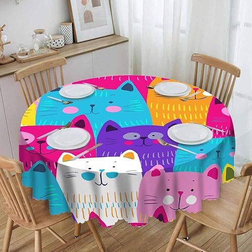 Miniatura 2 de Mantel redondo con diseño de gatos lindos, diseño de gatito Kawaii, rosa, amarillo, azul, resistente al agua, de poliéster, decorativo, para cocina,